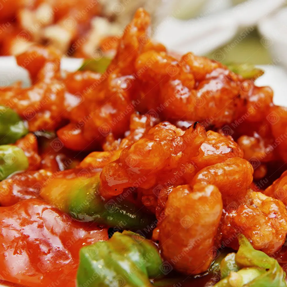 Sweet and sour pork with bell peppers and glossy tangy sauce at Chinese Wok, a Chinese Restaurant in Seymour